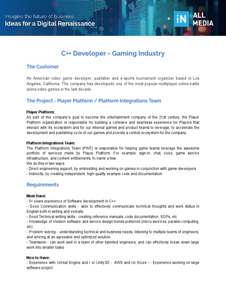 C++ Developer for Gaming Platform | PDF | Games & Activities | Art
