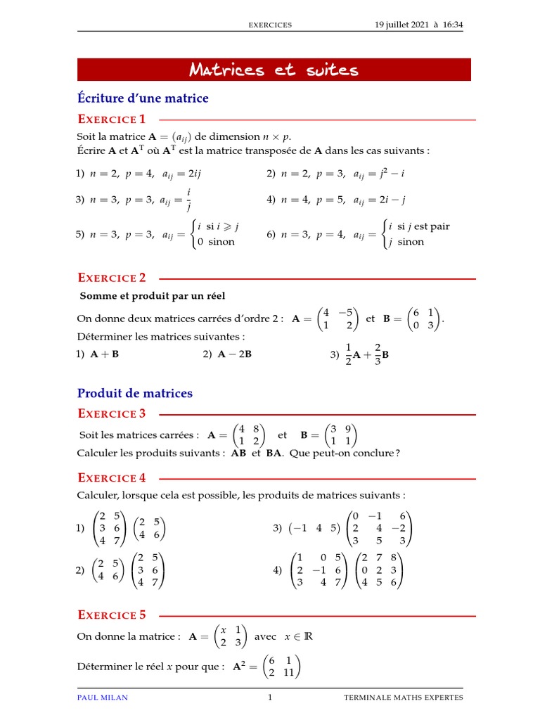Exercices sur les Matrices en Maths Expert | PDF