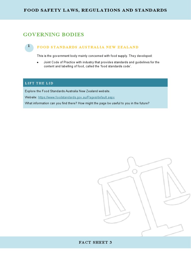 Fact Sheet 3 Food Safety Laws, Regulations and Standards Assessor