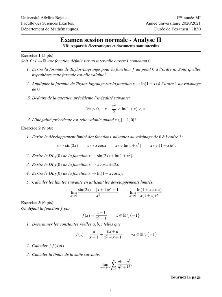 Examen Corrigé Analyse II 2021 | PDF | Relations mathématiques ...