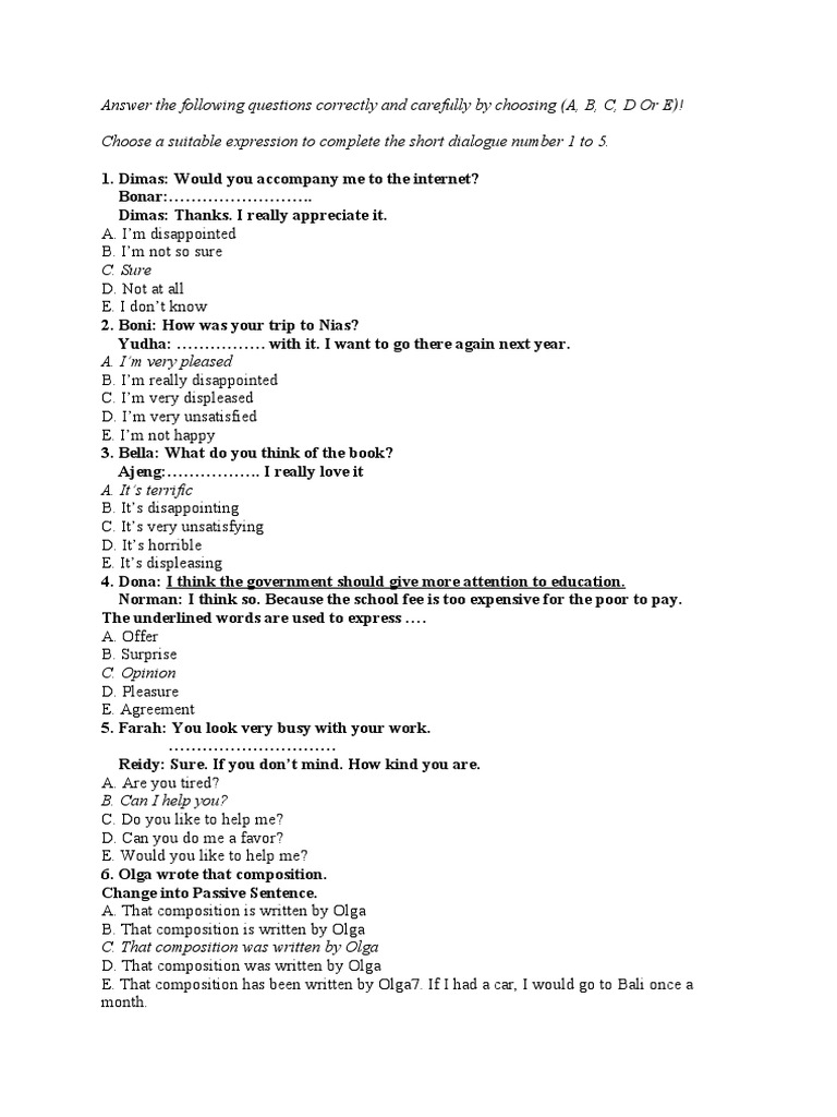 Answer The Following Questions Correctly and Carefully by Choosing Xi ...
