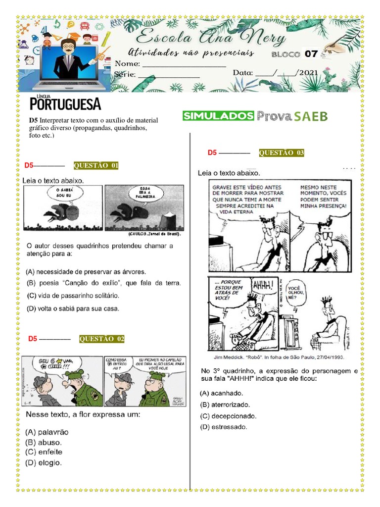 Simulado Saeb 5º Ano Segunda - Feira Português | PDF