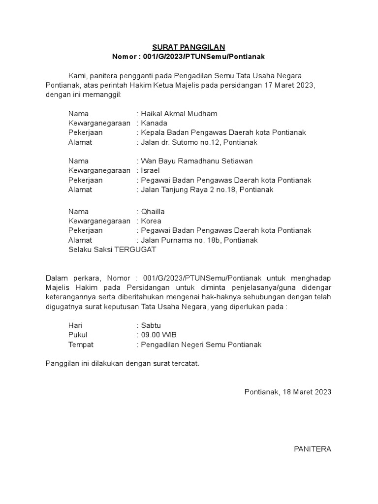 Surat Panggilan Saksi Pengadilan | PDF