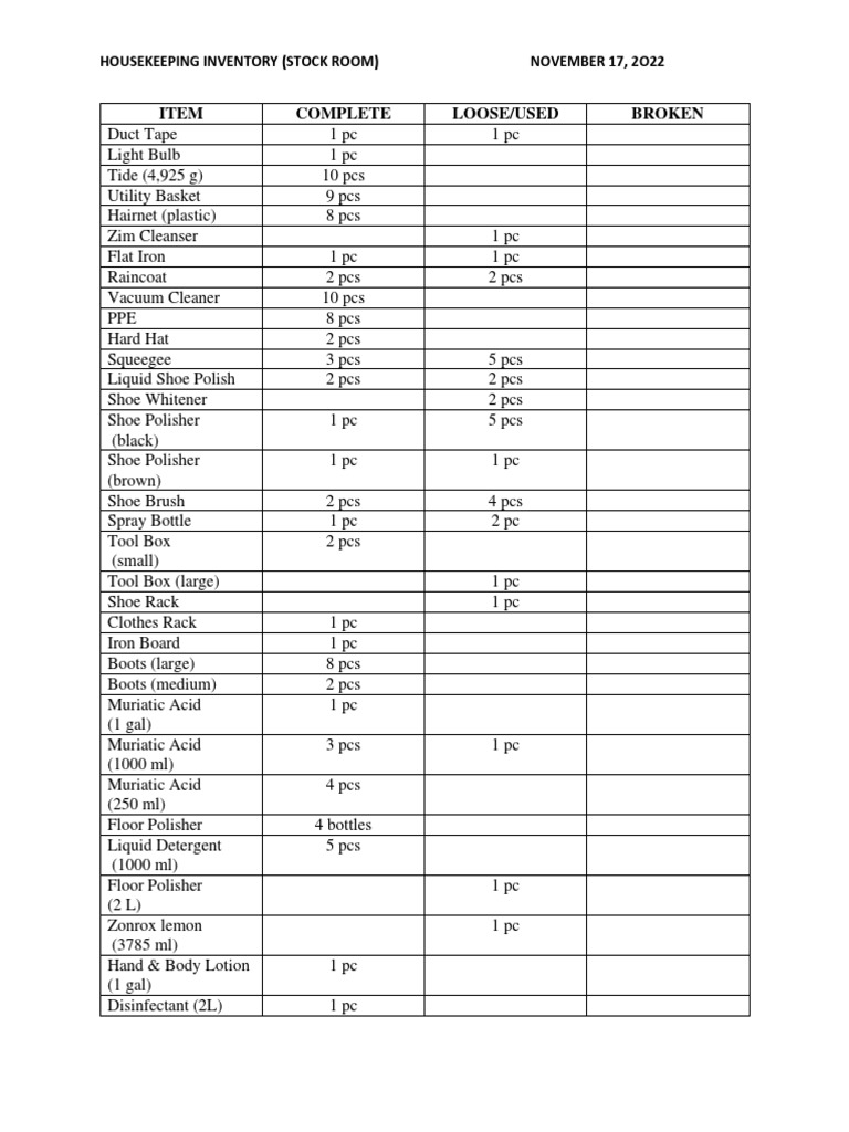 Housekeeping Inventory 11172022 PDF Housekeeping Manufactured Goods