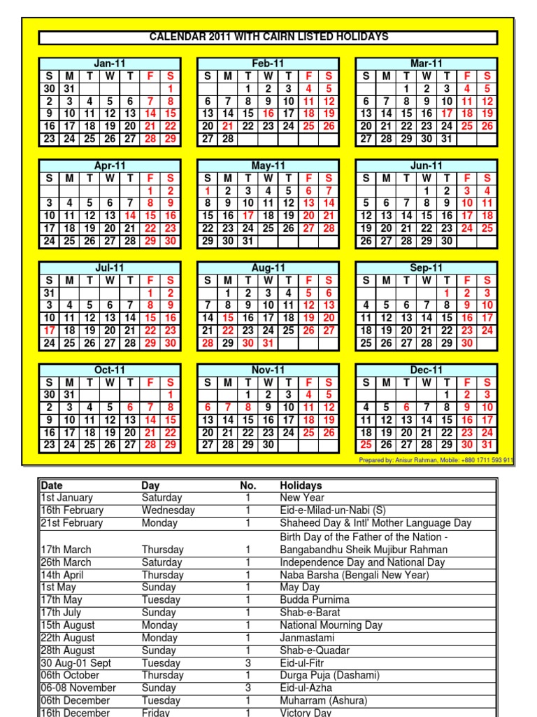 Calendar 2011 Pdf Public Holiday Observances