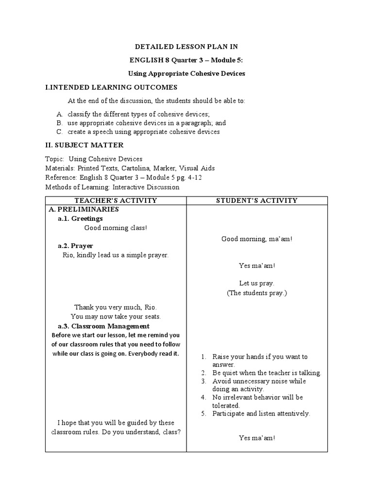 Cohesive Devices in English 8 Lesson Plan | PDF | Lesson Plan ...