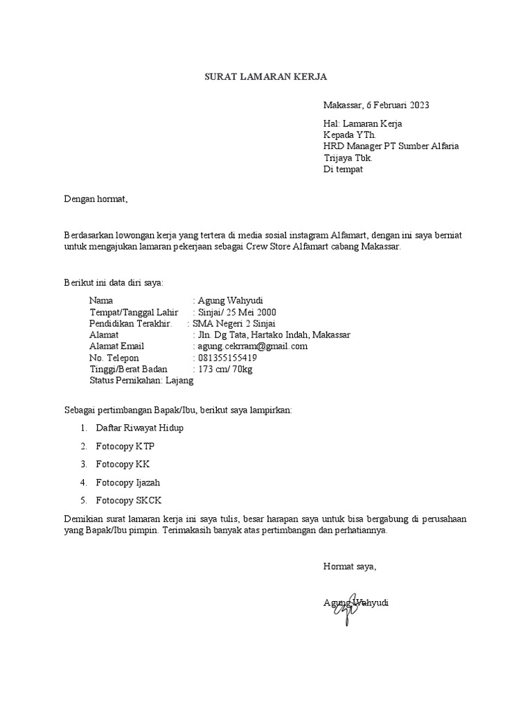 Surat Lamaran Kerja Alfamart Crew Store Kanalmu | PDF