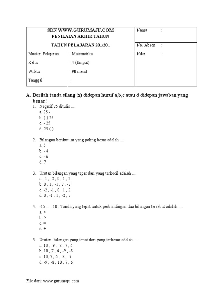 Soal Pat Mtk Kelas 4 Semester 2 Pdf