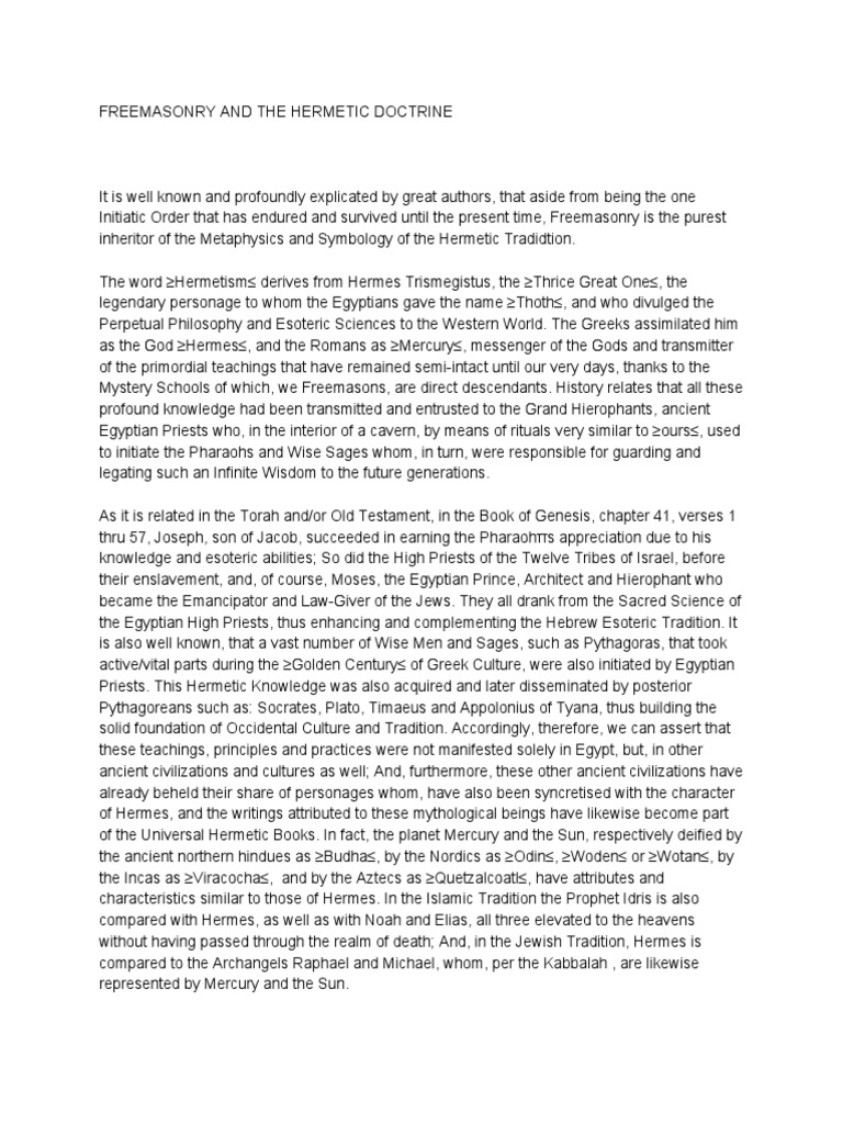 Freemasonry and The Hermetic Doctrine PDF Hermeticism Hermes