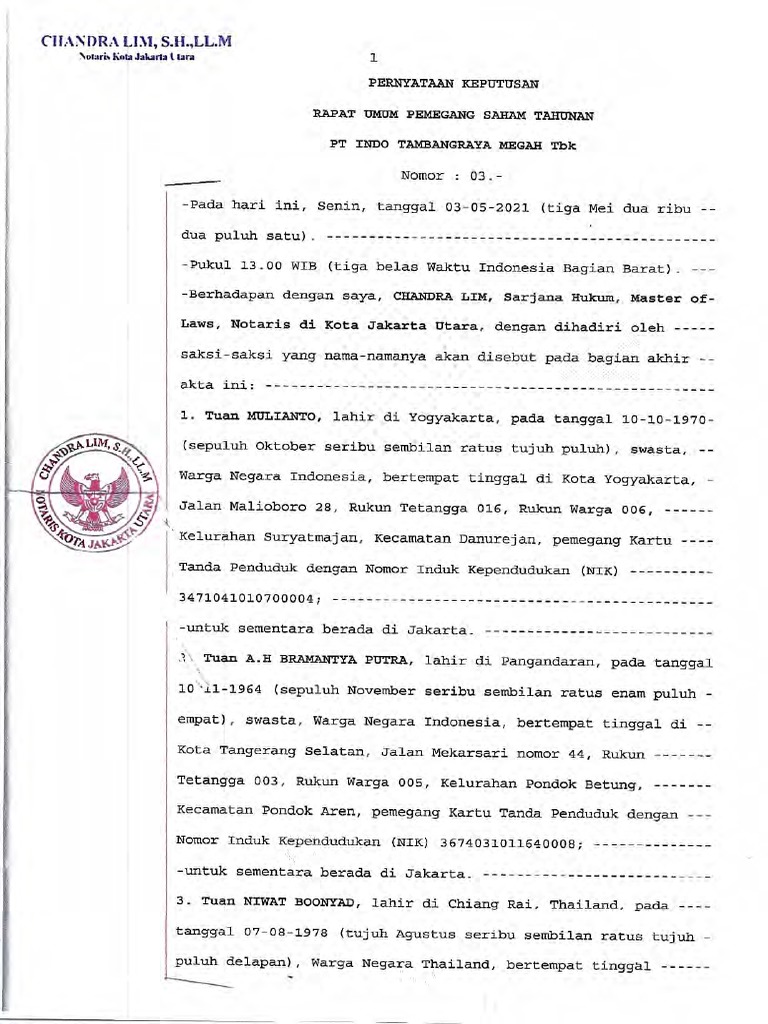 Contoh Ad & Rt Pt.indo Raya Megah Tbk | PDF