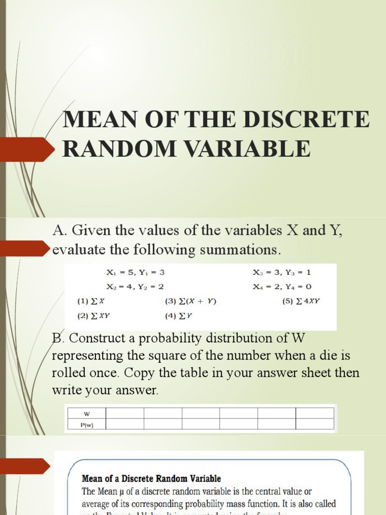 Mean of The Discrete Random Variable | PDF