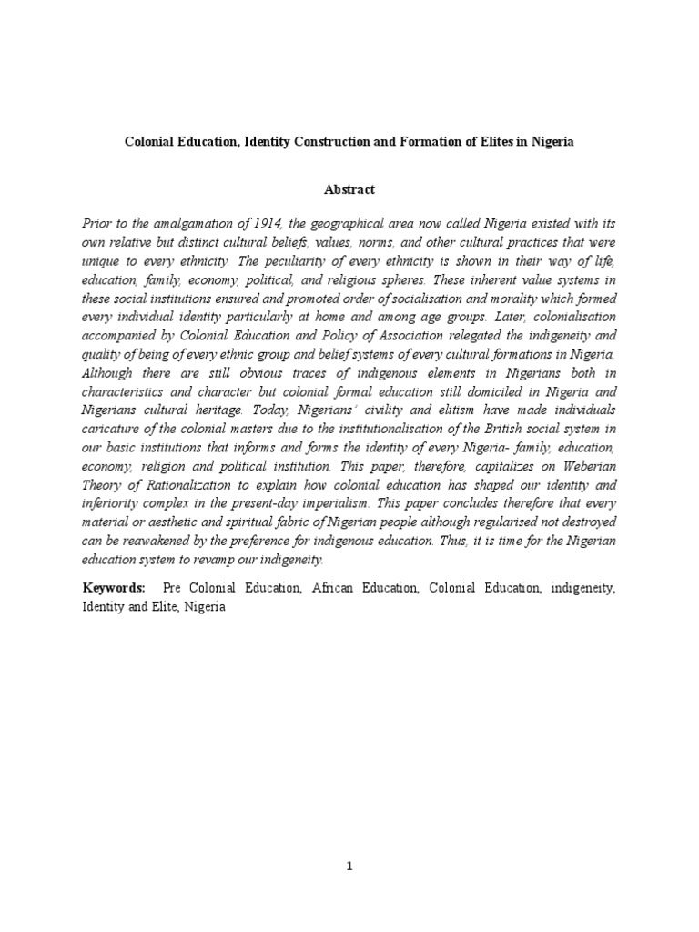 Colonial Education Identity Construction and Formation of Elites in ...