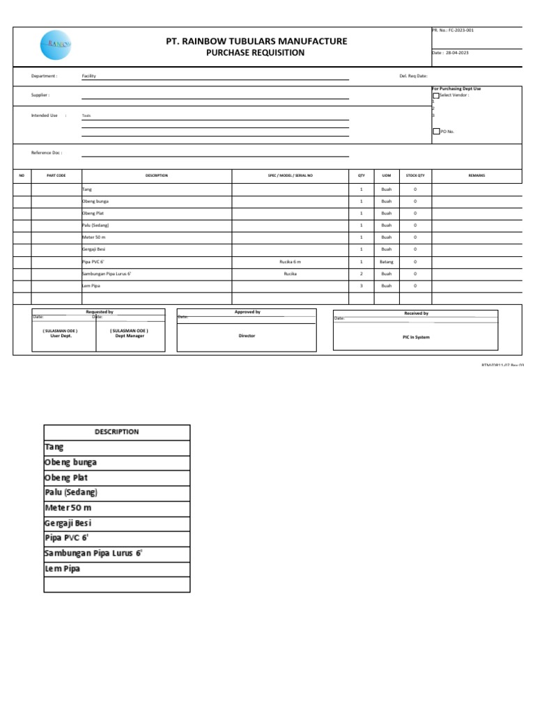Rtm Qr11 07 Rev 03 Purchase Requisition Form 1 Pdf