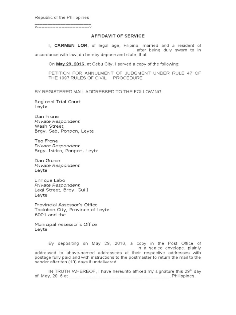 Affidavit of Service - SAmple | PDF