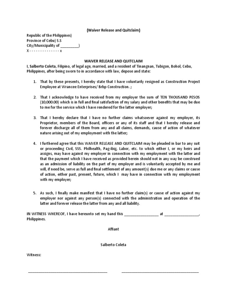 EMPLOYEE Waiver Release and Quitclaim PDF Employment Business