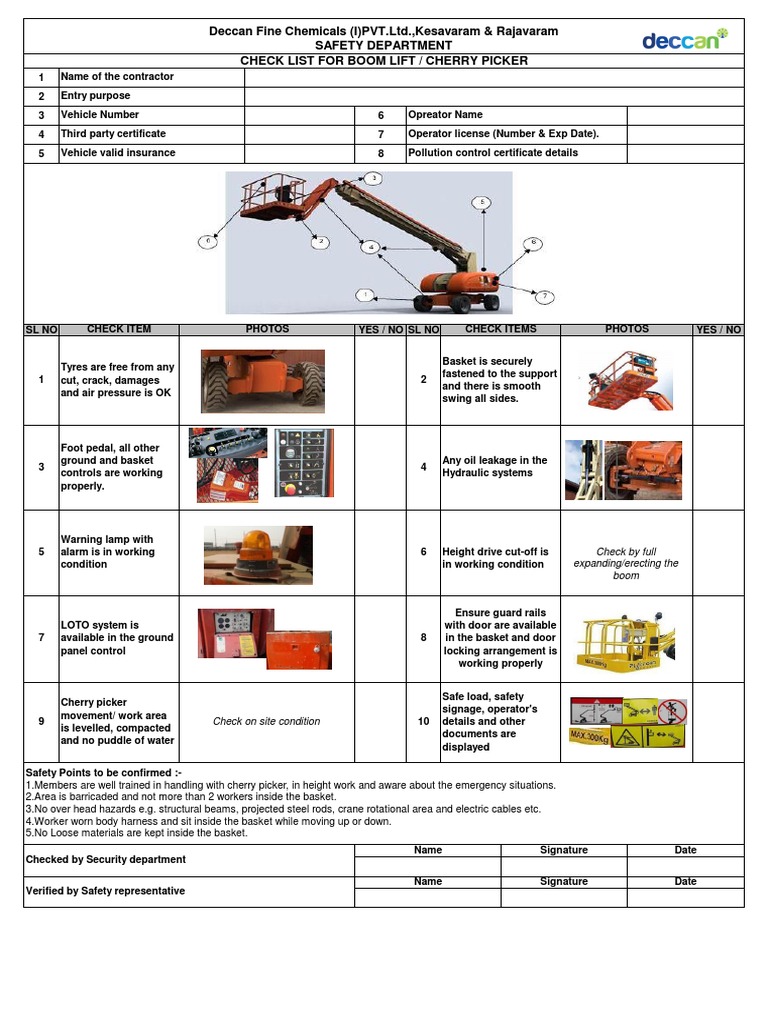 Cherry Picker Safety Inspection Checklist | PDF | Elevator | Safety
