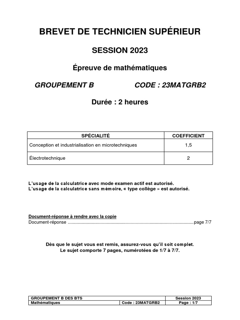 Sujet BTS Maths 2023 Corrigé | PDF