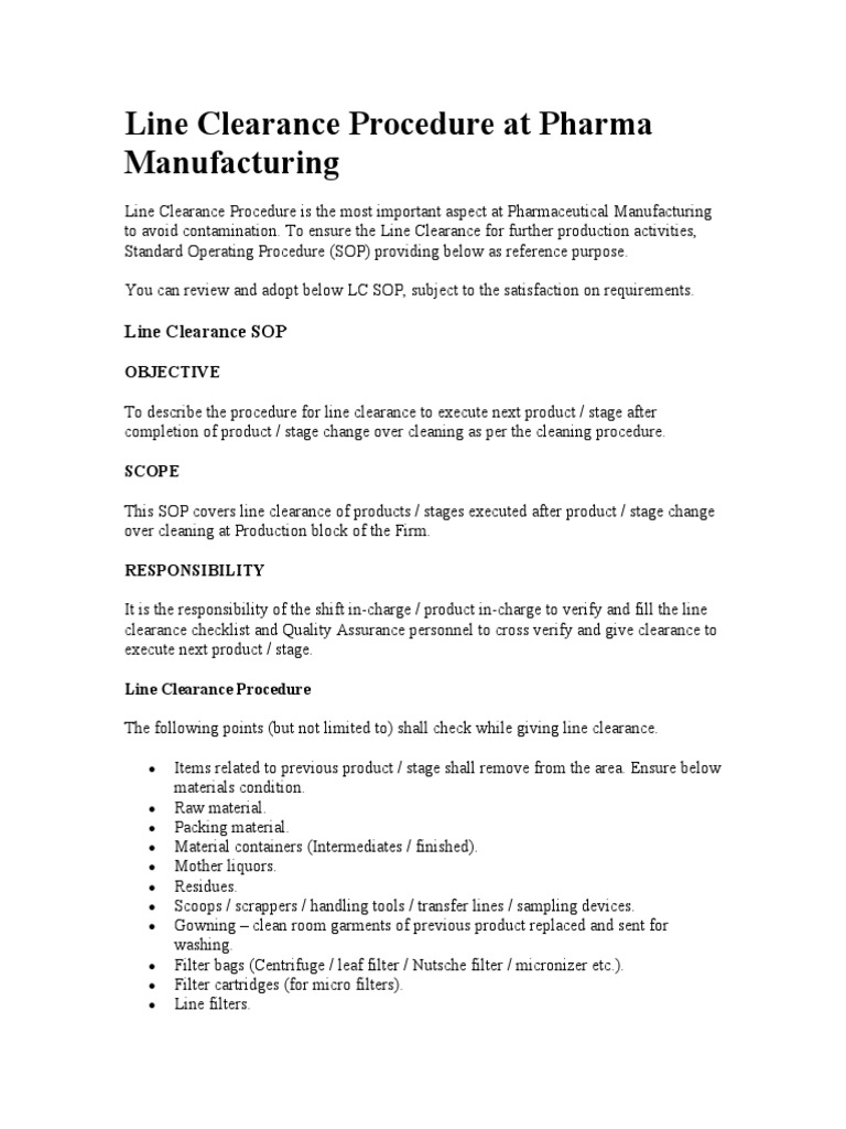 Line Clearance Procedure at Pharma Manufacturing PDF