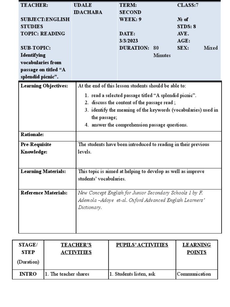 Year 7 Week 9 Lesson Plan PDF
