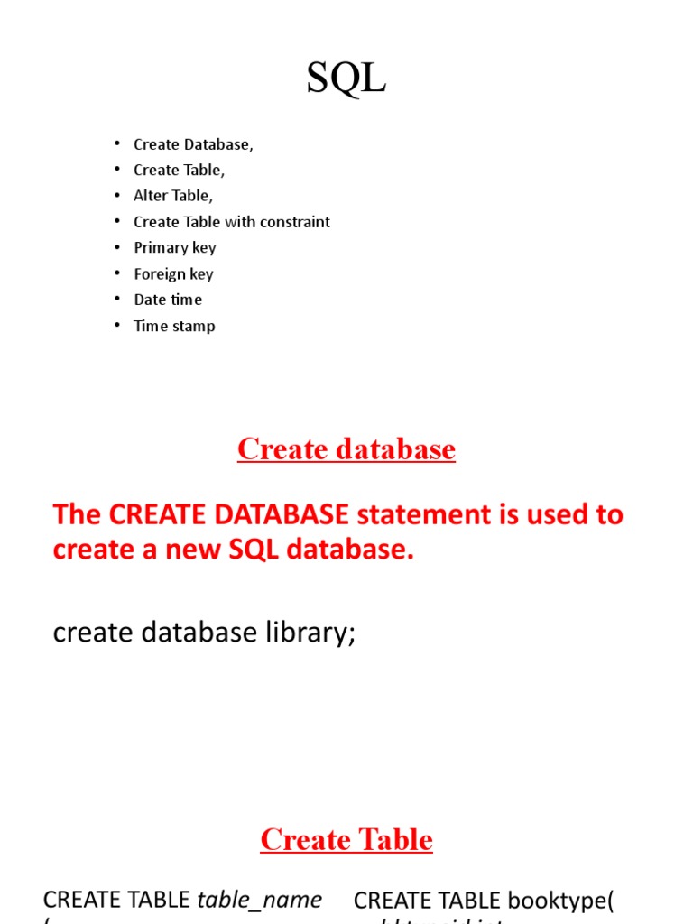 Create Database, Create Table, Alter Table, Create Table With