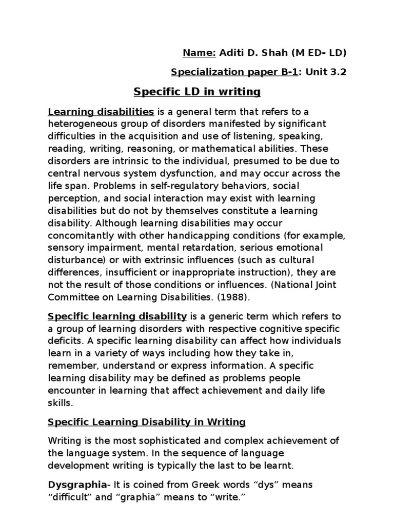 B Ed Lecture Final Specific LD in Writing | PDF | Learning Disability ...