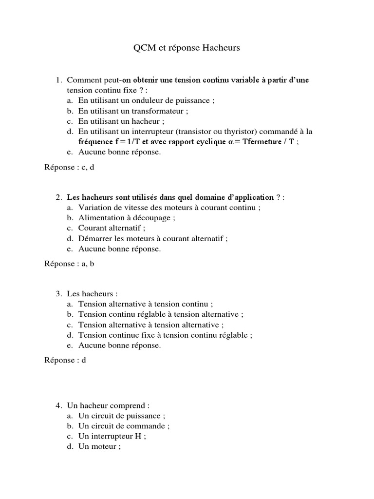 QCM Et Réponse Hacheurs | PDF