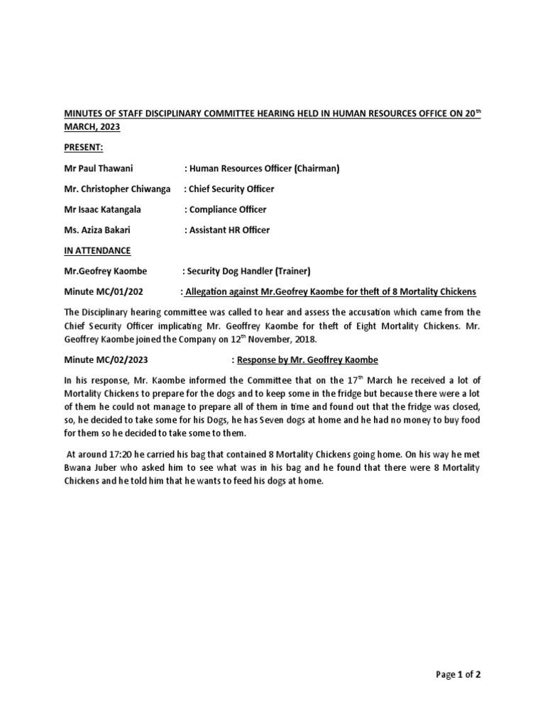 Disciplinary Hearing Minutes - Kaombe Case | PDF