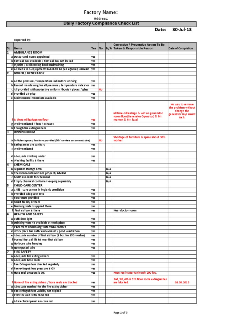 Daily Fire Safety Compliance Checklist | PDF | Water