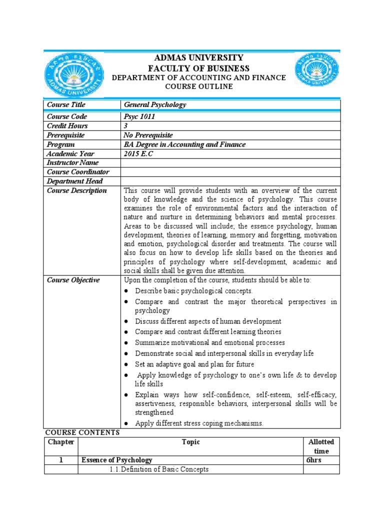 General Psychology Course Outline Pdf Self Esteem Psychology