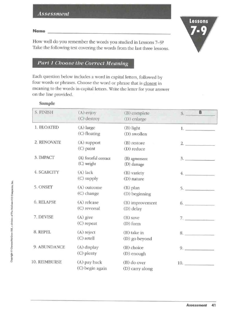Vocabulary Builder Course 1 - Assessment (Unit 7 - 9) | PDF