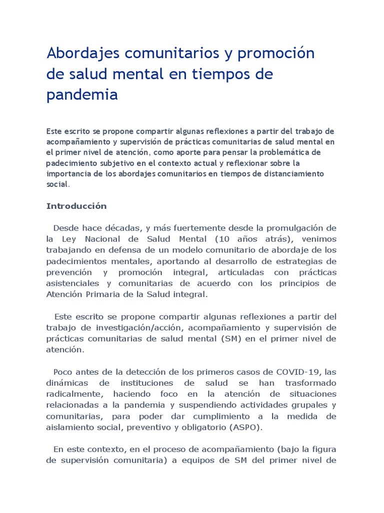 Abordajes Comunitarios y Promoción de Salud Mental en Tiempos de ...