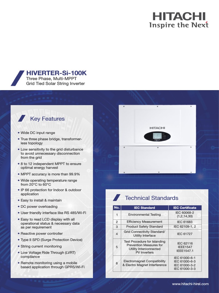 Datasheet Hitachi Solar Inverters India 100kw Three Phase PDF