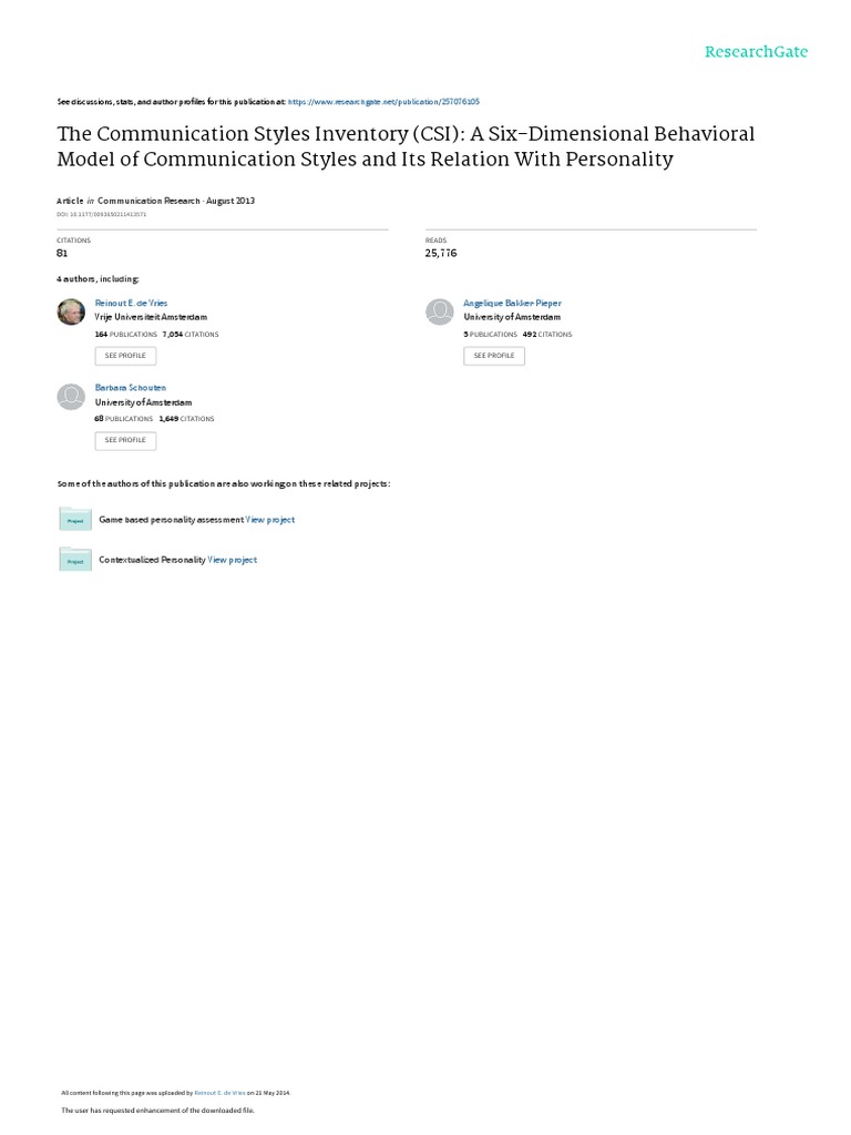 Communication Styles Inventory Model | PDF | Communication | Cognitive ...
