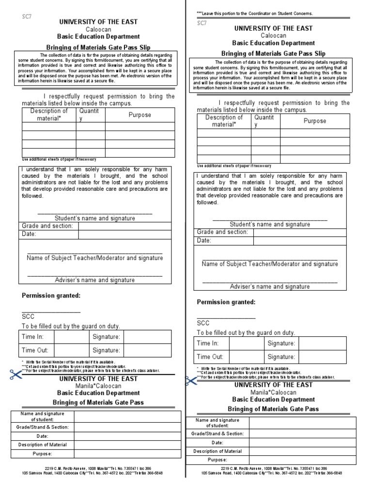Updated DPA SC7 Bringing of Materials Gate Pass | PDF