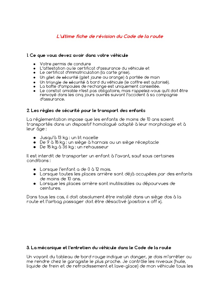 Fiche de révision Code de la route 2025 | PDF | Frein | Système anti ...