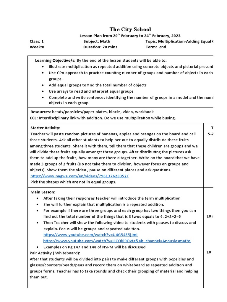 Class 1 Math Lesson Plan: Multiplication | PDF | Numbers | Lesson Plan