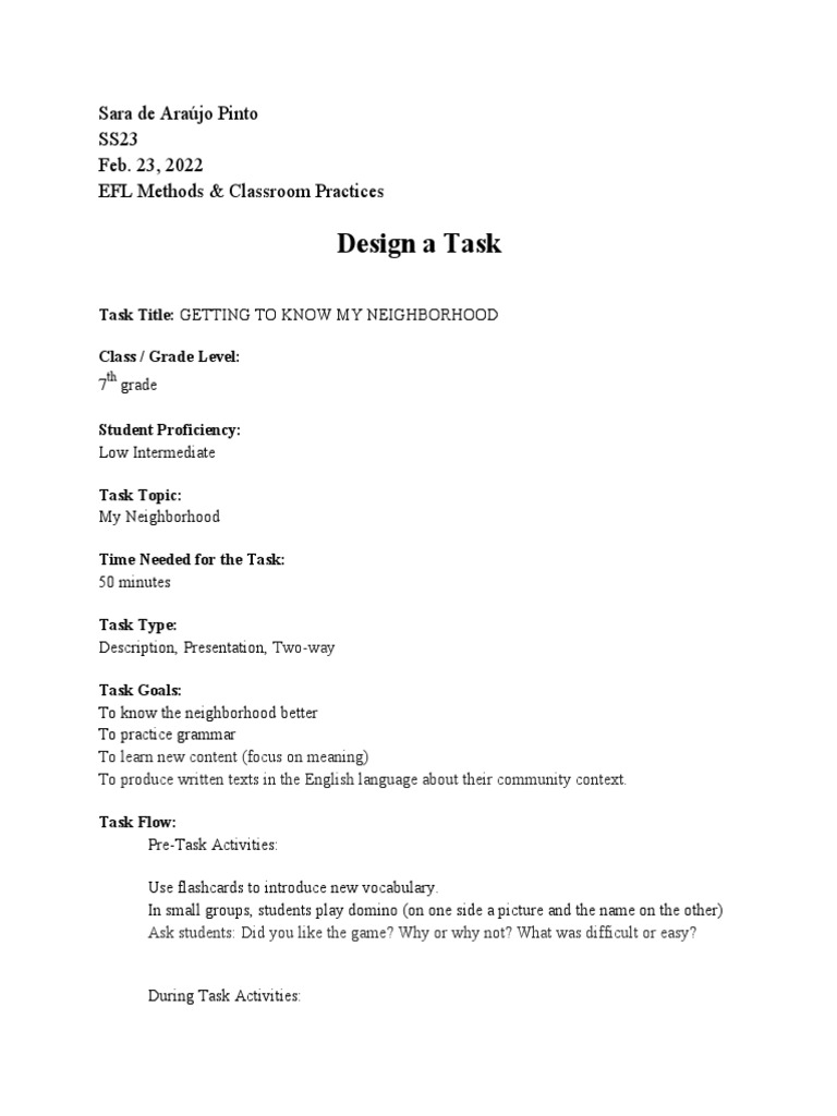 Sara de ara jo pinto task design getting to know my neighborhood pdf