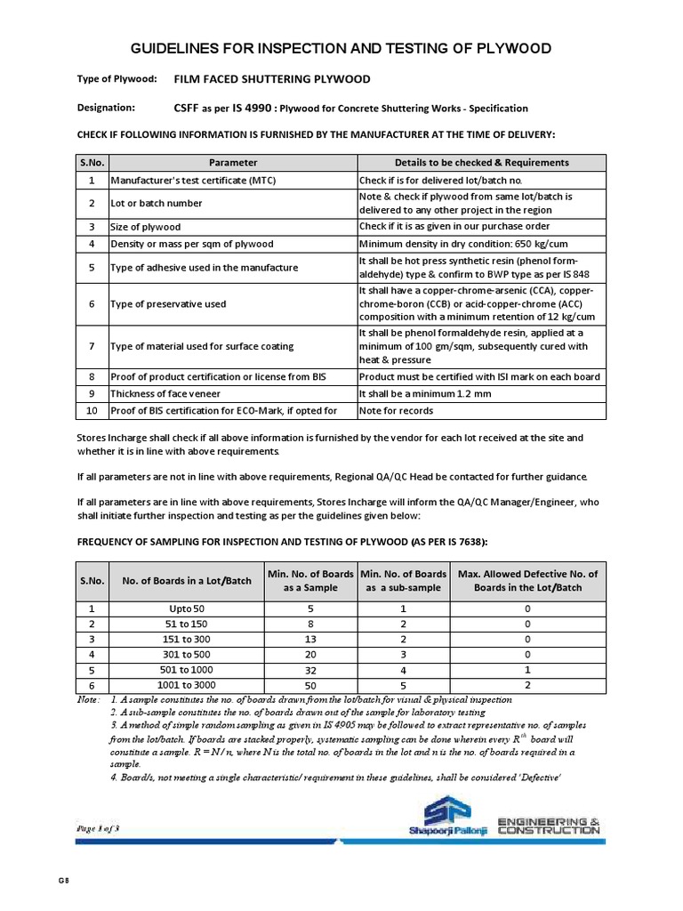 Guidelines Inspection Testing Plywood PDF Plywood Quality Assurance