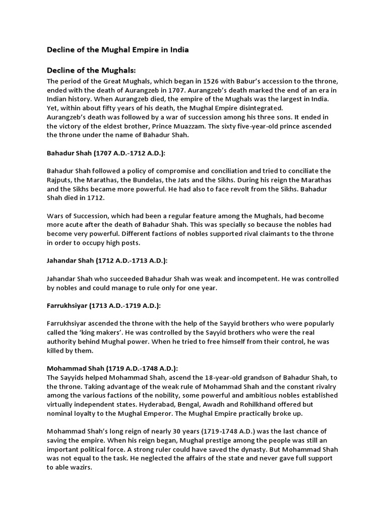 Reasons of Decline of The Mughal Empire in India | PDF