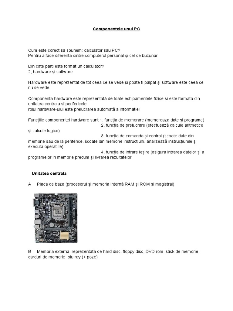 Componentele Unui PC. Componente Hardware | PDF