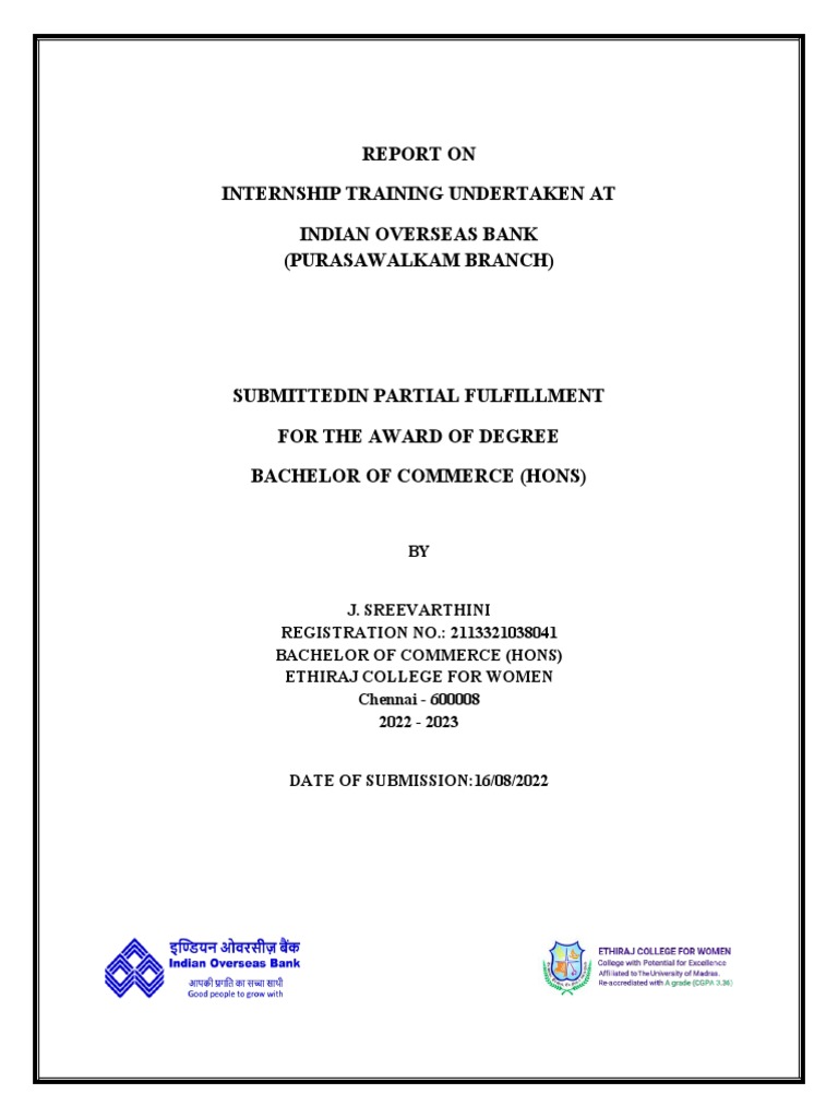 IOB Internship Report: Purasawalkam Branch | PDF | Banks | Deposit Account