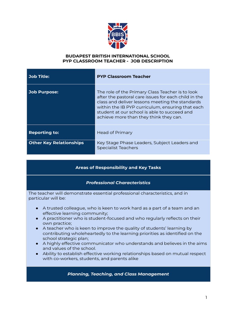 PYP Classroom Teacher Job Description PDF