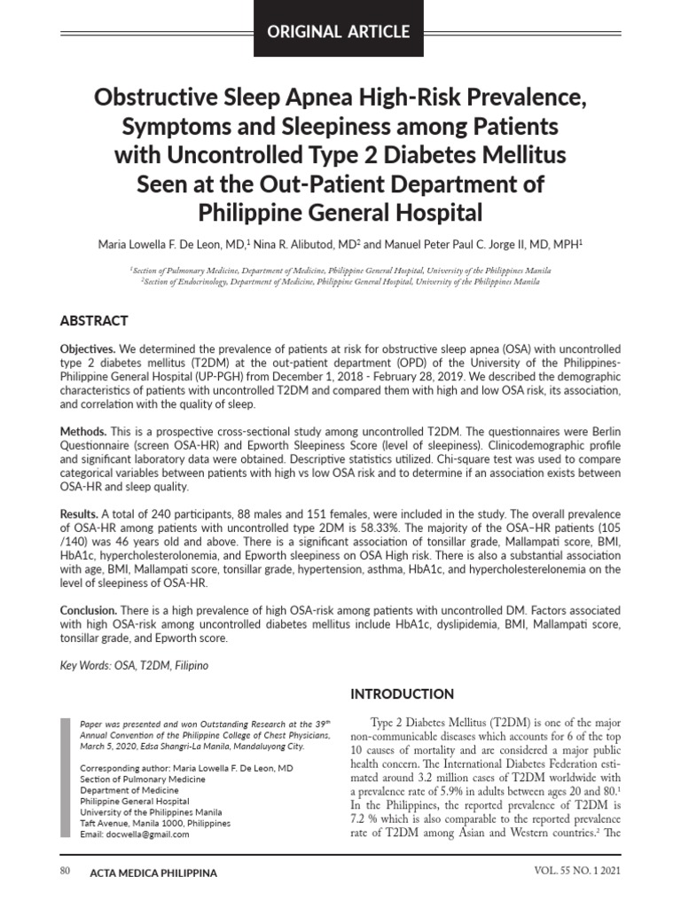Obstructive Sleep Apnea in Uncontrolled T2DM | PDF | Sleep Apnea ...