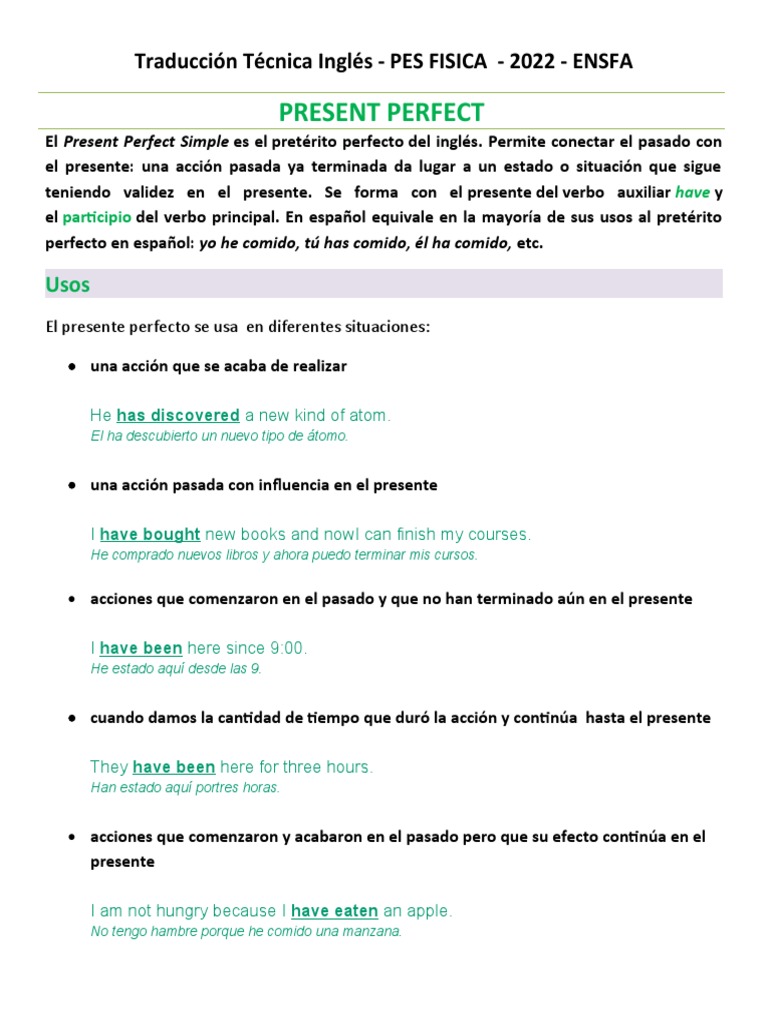 Uso del Present Perfect en Inglés | PDF | Verbo | Mecánica del lenguaje