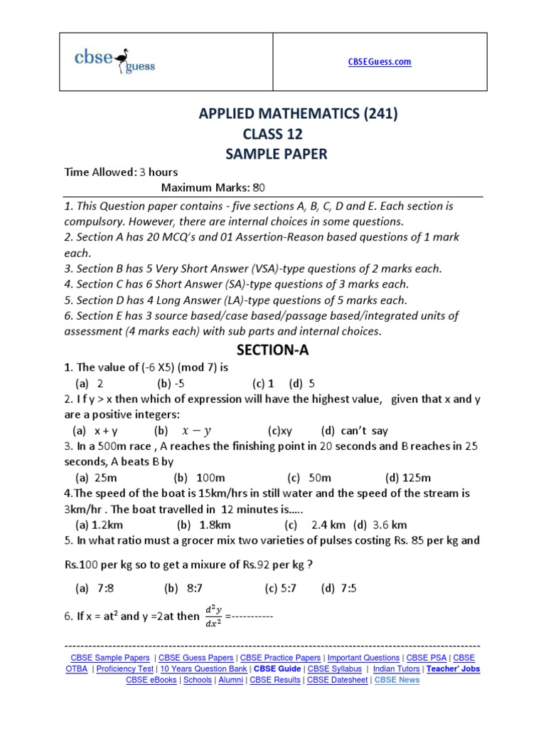 CBSE Class 12 Applied Mathematics Sample | PDF | Economic Surplus ...