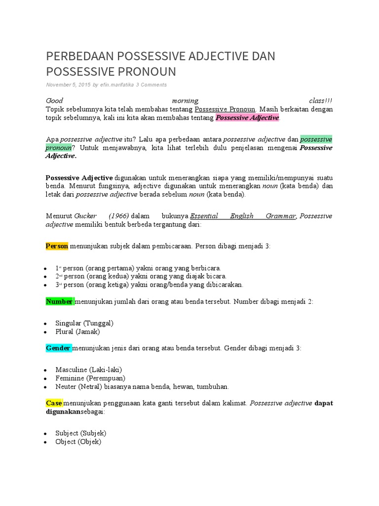 Perbedaan Possessive Adjective Dan Possessive Pronoun | PDF