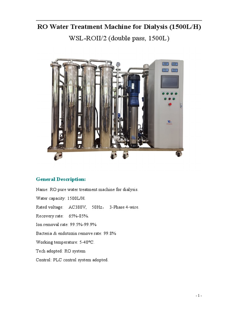 1500L WESLEY Dialysis RO Water Treatment Machine PDF