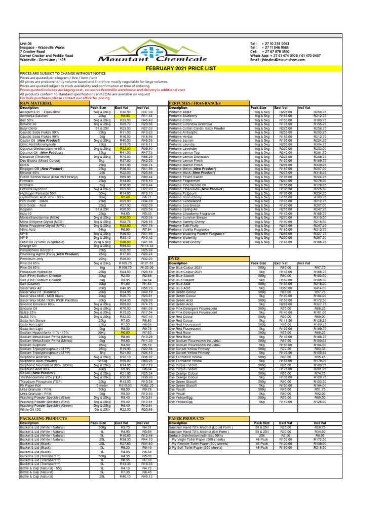 Mountant Chemicals Pty LTD February 2021 Pricelist Repacks PDF