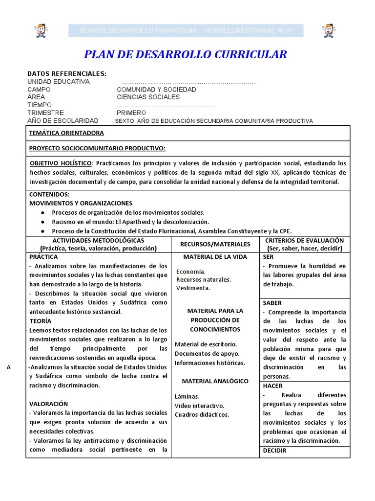 C. Sociales 6° Año - Plan de Desarrollo Curricular | PDF | Bolivia ...