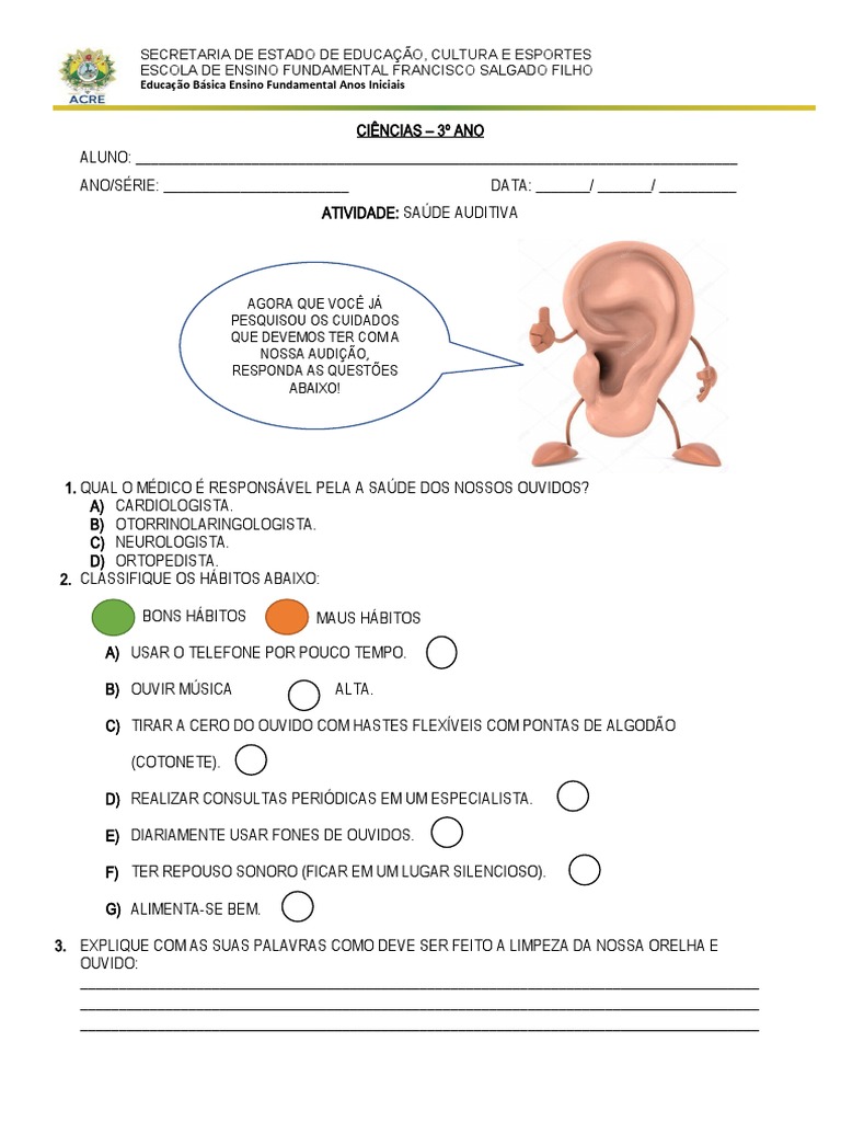 Atividades de Saúde Auditiva - 3º Ano | PDF